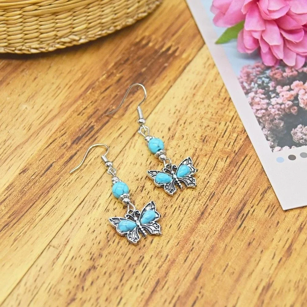 Blue Turquoise Butterfly Dangle Earrings